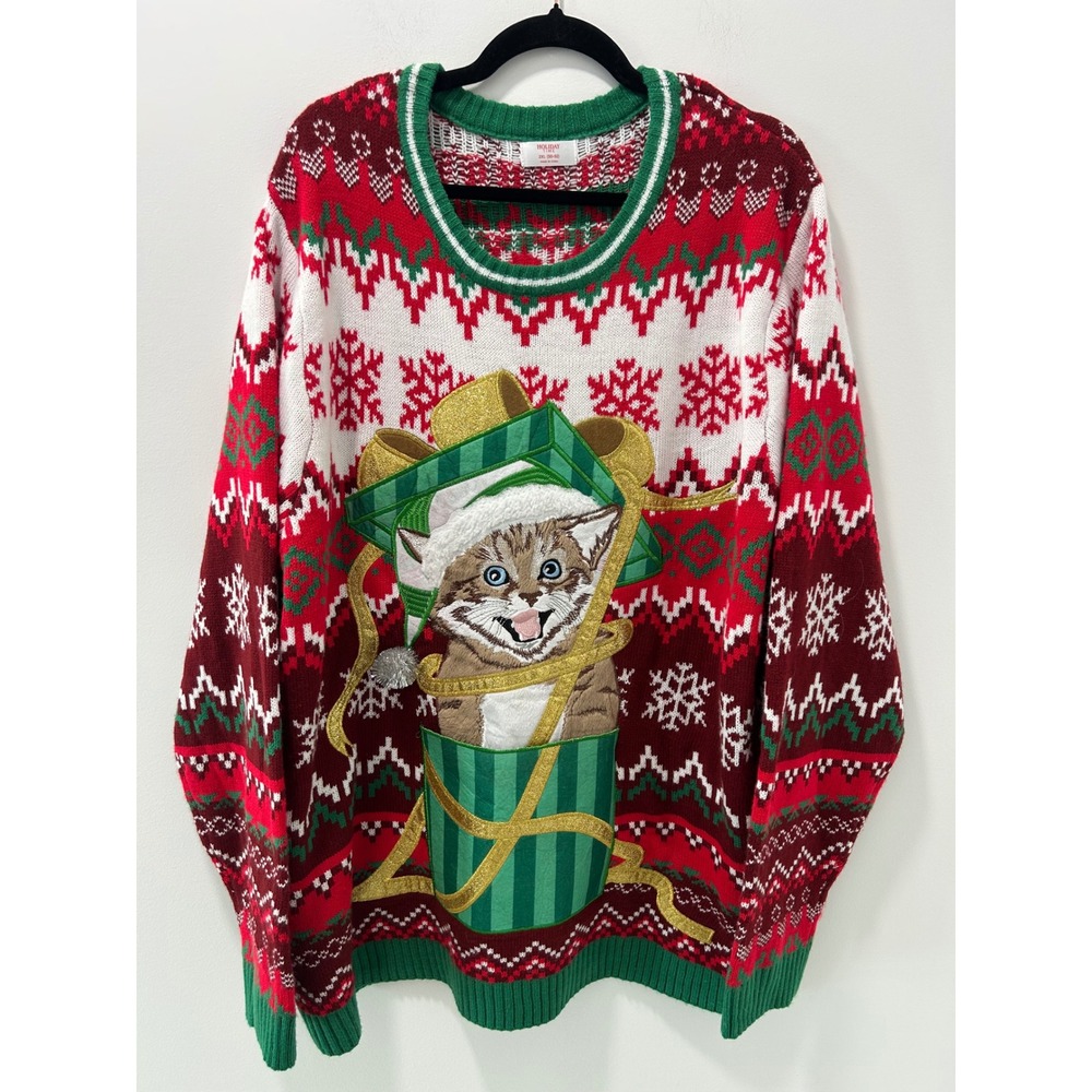 Holiday Time Women/Men 2XL Ugly Christmas Sweater Cat in Gift Box Fair Isle Red
